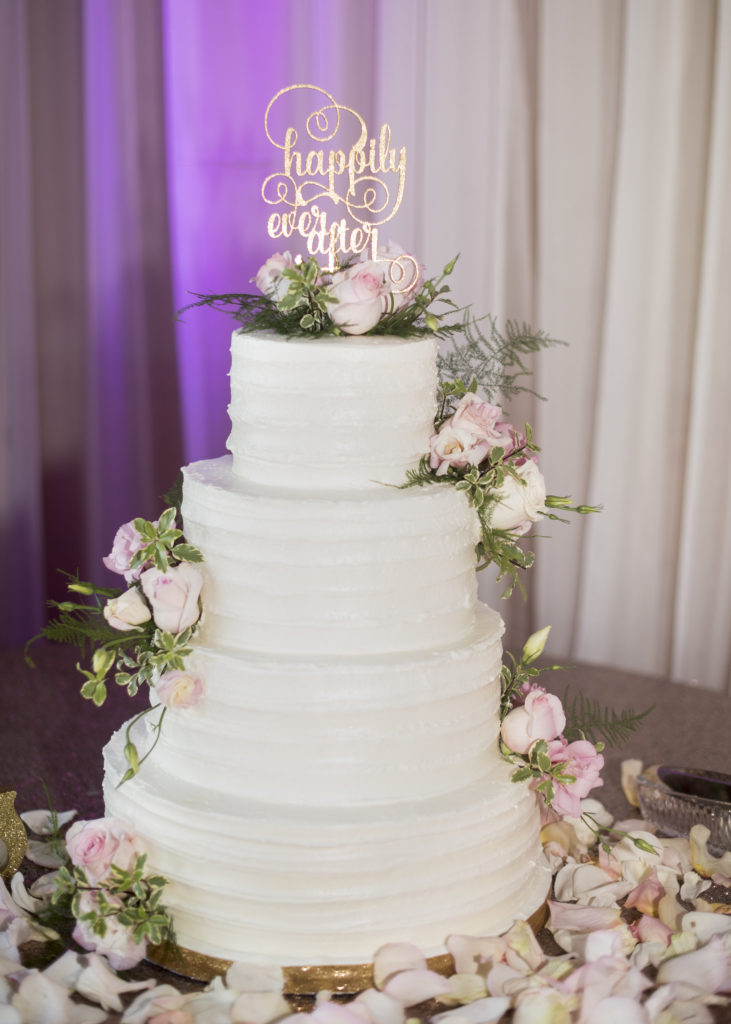 wedding cake, happily ever after cake topper, cake with roses cascading down