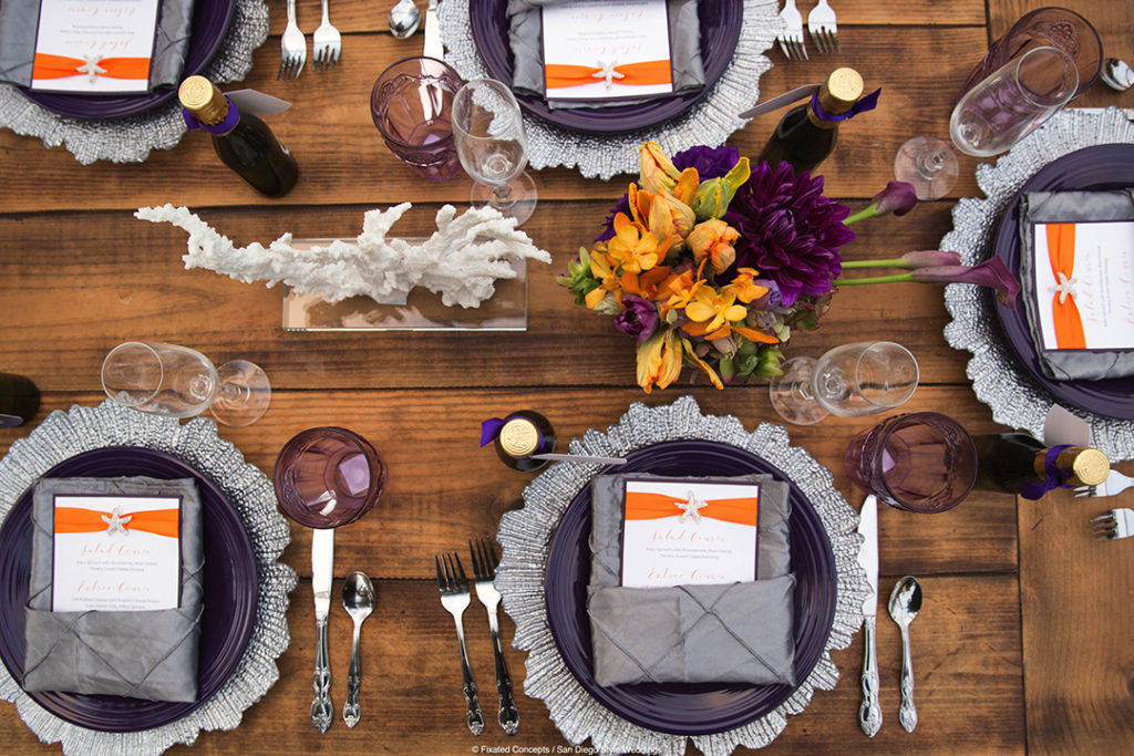purple and orange wedding tablescape, beach edding tablescape