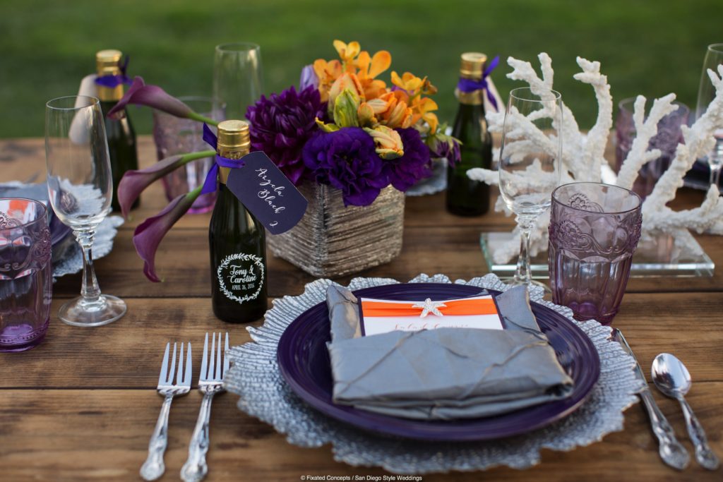purple and orange wedding tablescape,  beach wedding tablescape