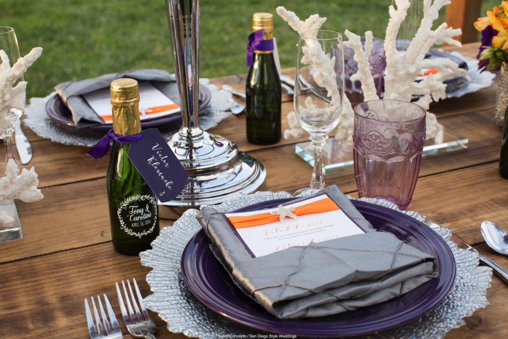 purple wedding tablescaper, beach wedding tablescape