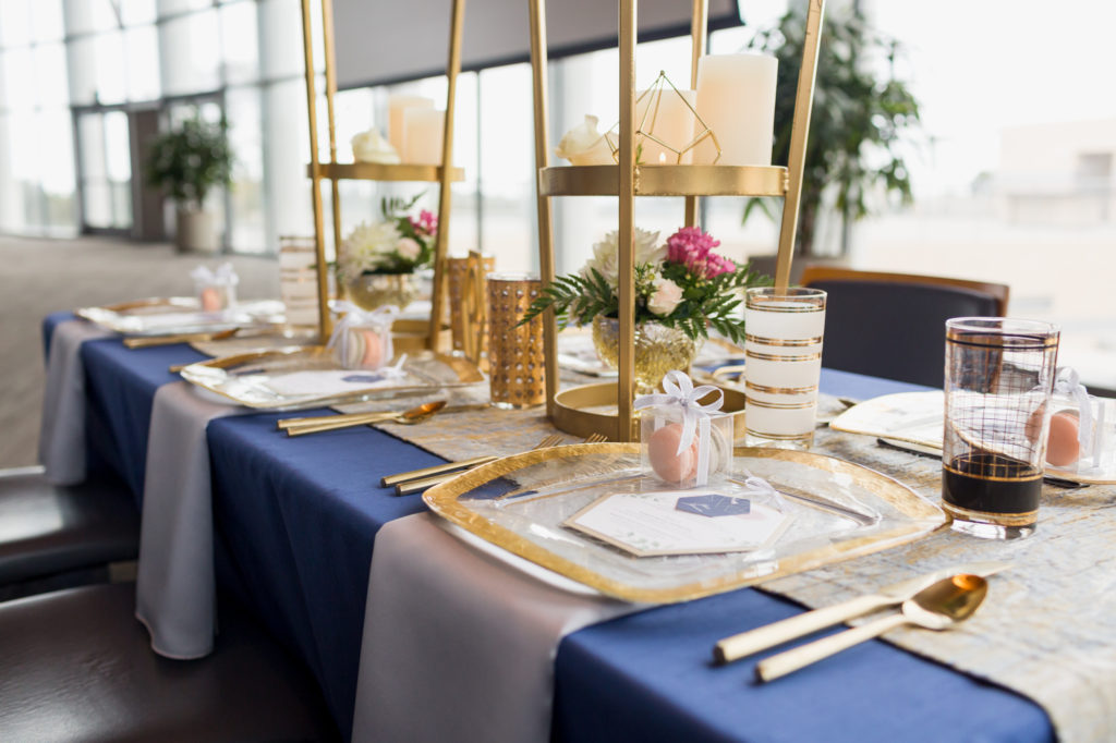 architectural wedding tablescape, blue and gold wedding tablescape, 