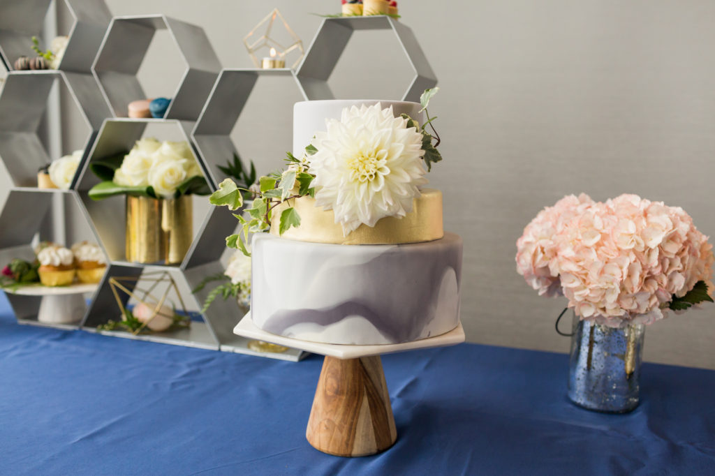wedding dessert table, wedidng cake, pink hydrangea, geometric dessert stand, honeycomb dessert stand