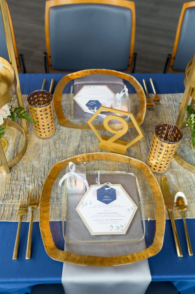 geometic wedding table setting, blue and gold wedding tablescape