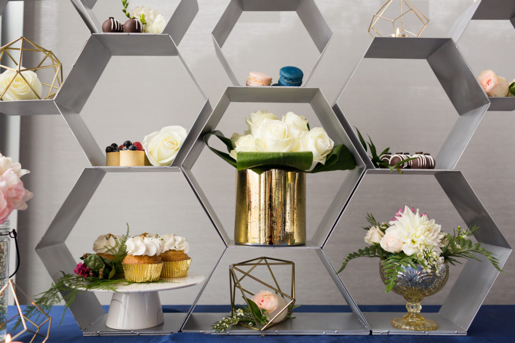 honey comb dessert stand, geometric dessert stand, geometric wedding decor, wedding dessert table