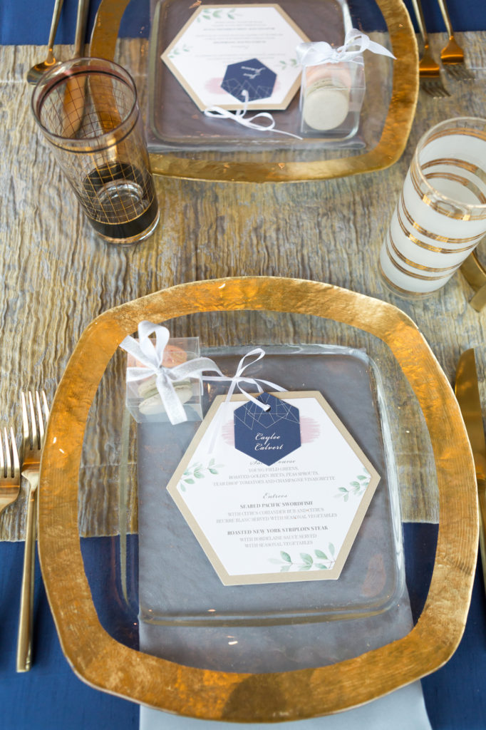 geometric wedding tablescape, gold silver and blue wedding tablescape, mismatched drinking glasses, gold charge plate