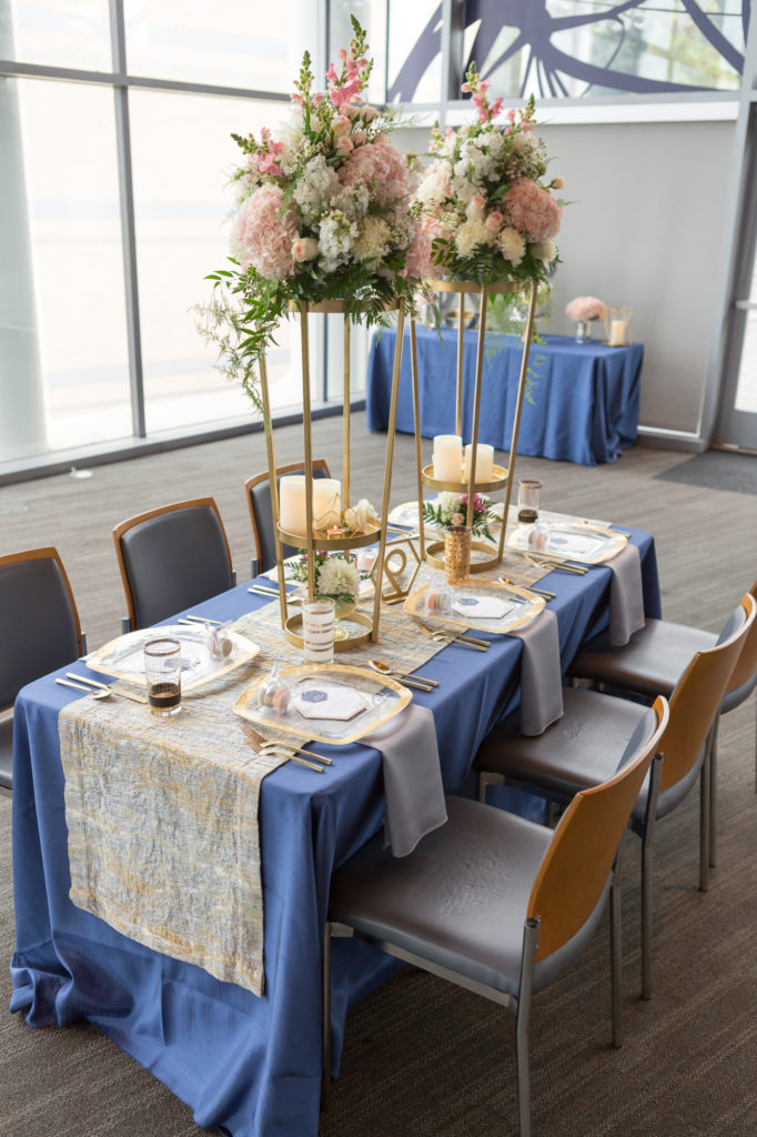 architectual wedding tablescape, blue silver and gold wedding tablescape, tall cernterpieces, geometric wedding tablescape