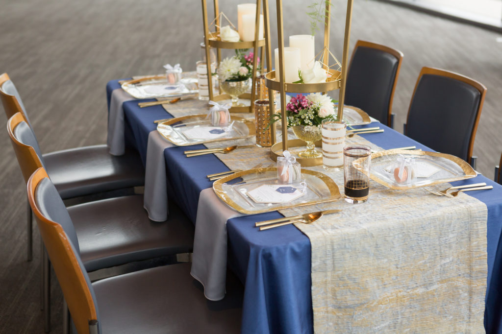 architectual wedding tablescape, blue silver and gold wedding tablescape, tall cernterpieces, geometric wedding tablescape