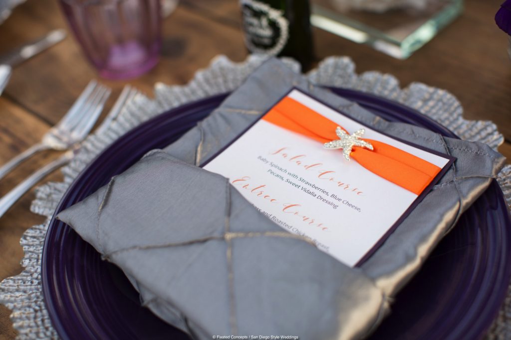 purple wedding table setting, beach table setting