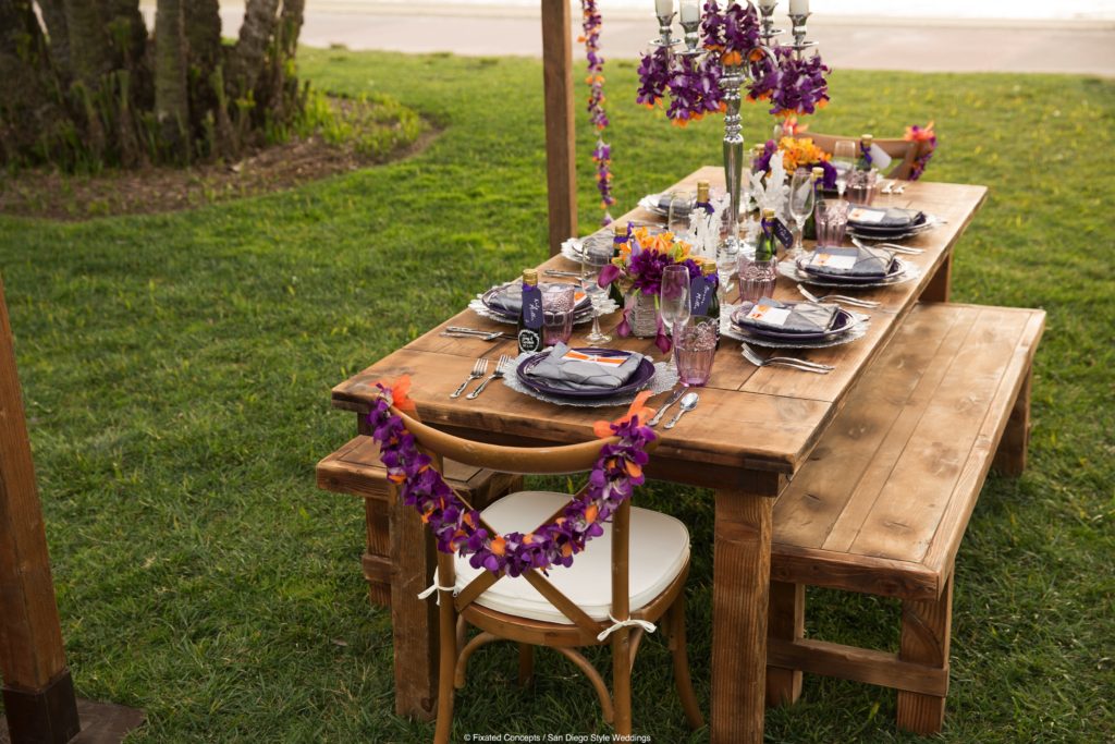 purple and orange wedding tablescape