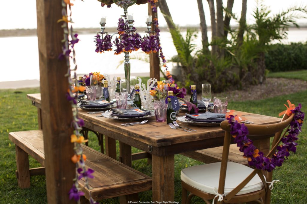 purple and orange wedding tablescape, beach wedding tablescape