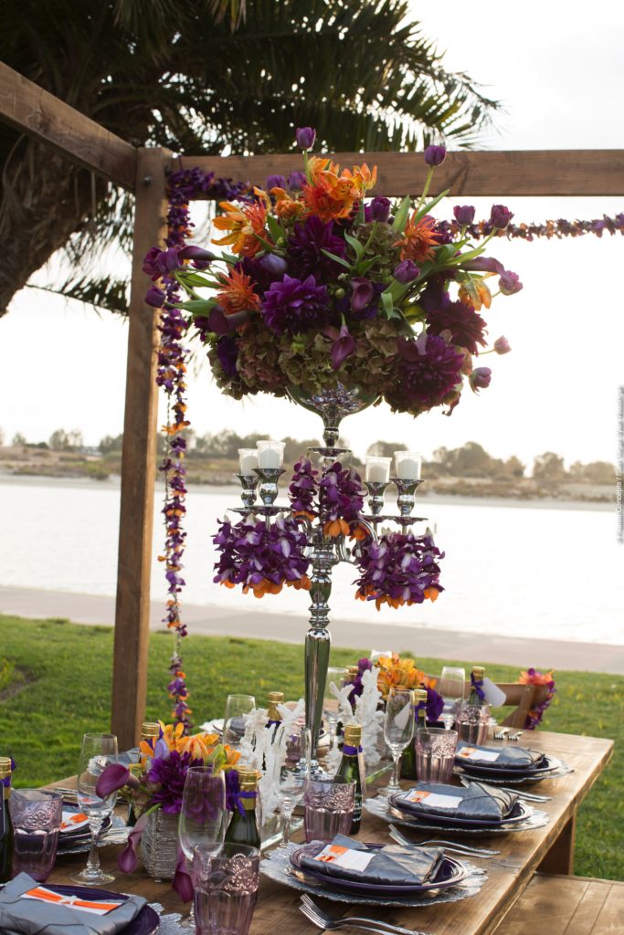 purple and orange wedding centerpiece, purple and orange wedding tablescape