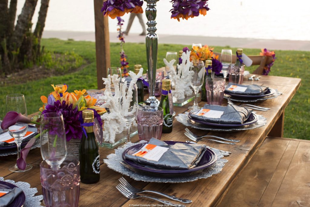 orange and purple wedding tablescape, beach wedding tablescape