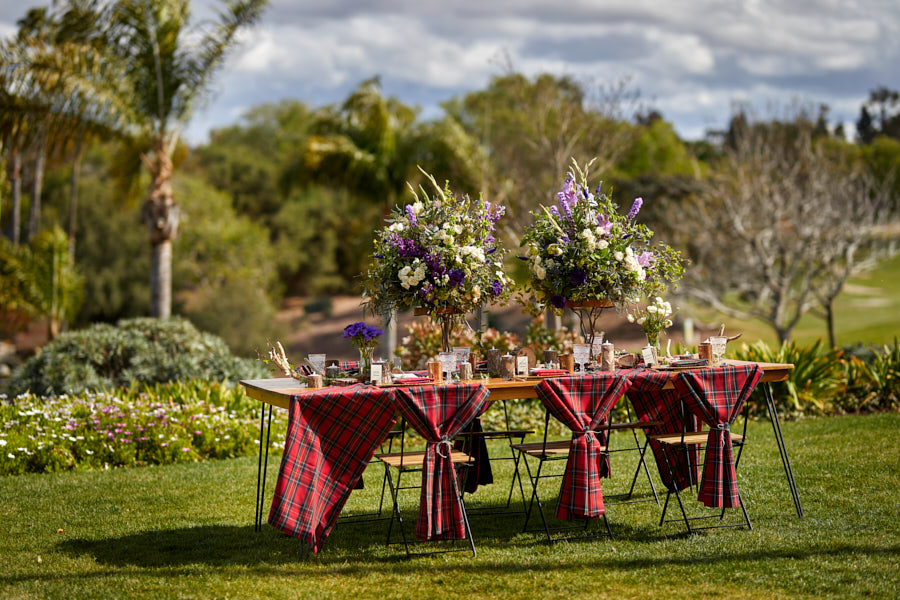 scottish wedding tablescape, tartan linen, garden flowers, scottish centerpiece, thistles