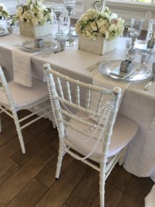 white chiavari chairs, pearl back chairs, pearl swag chair back, whilte and silver wedding