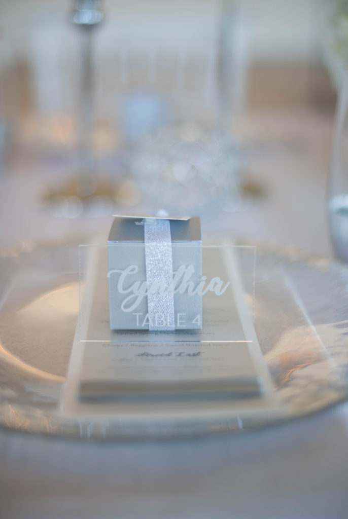 plexiglass table number, silver favor box, wedding place setting
