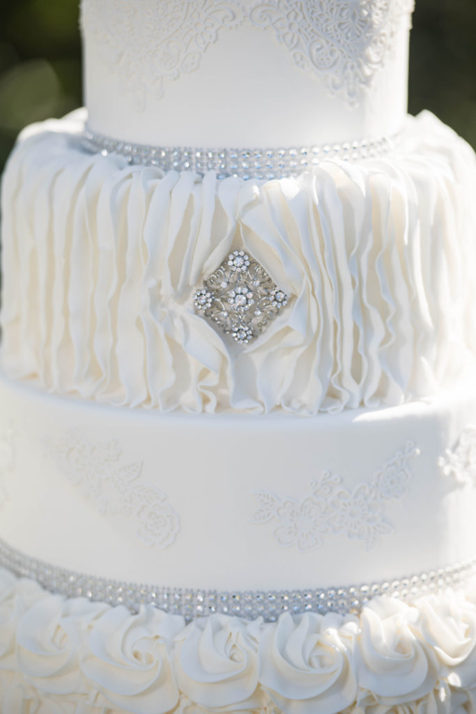 white cake, wedding cake, rhinestone on cake