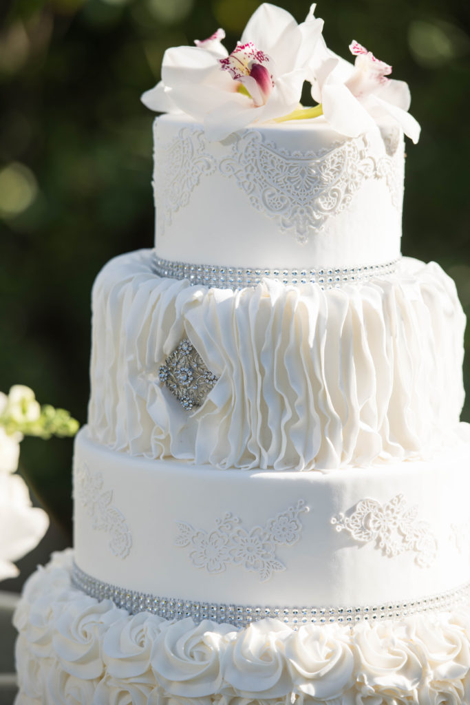 white cake, wedding cake, rhinestones on cake