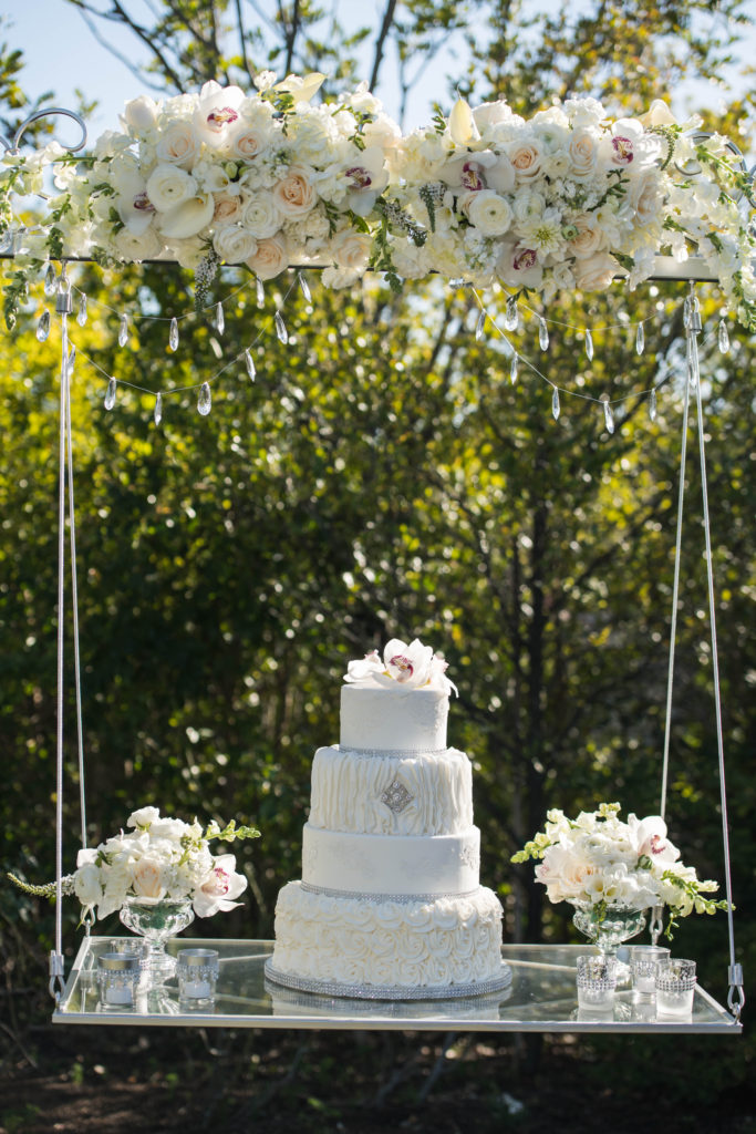 white cake, cake swing, wedding cake, rhinestone on cake